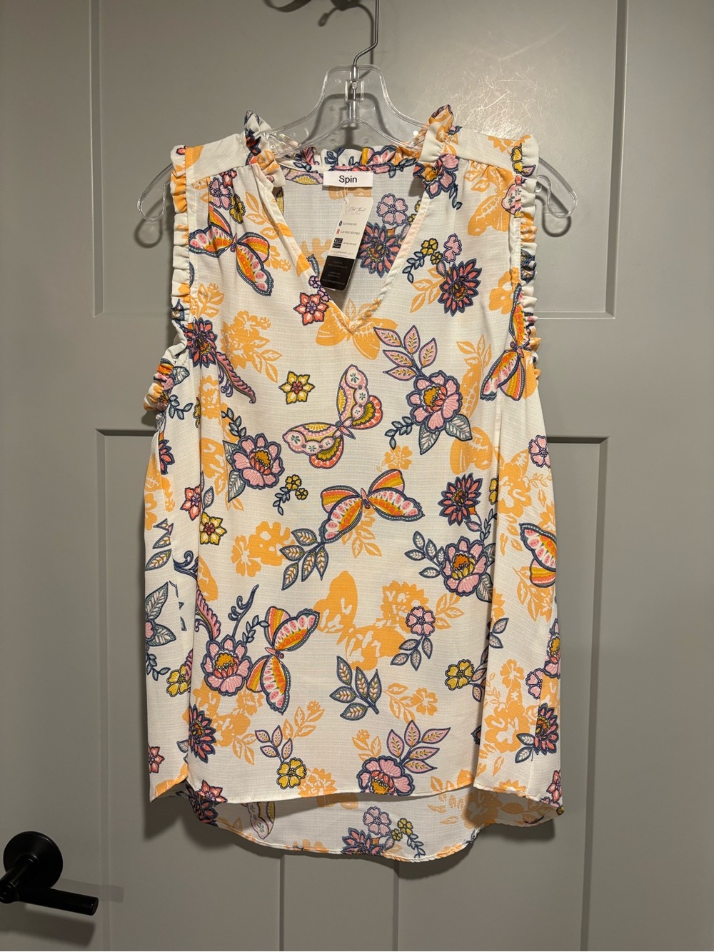 Spin White Floral & Yellow Butterfly Ruffle-Sleeve Tank